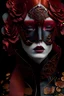 Placeholder: Beautiful faced young ginger girl, adorned with vantablack leather rbedwith lack and ginger colour gradient rose and red ruby mineral stone Golden and copper filigree headress wearing leather metallic filigree ruby stone ribbed half face masque wearing vantablack dark gothica leather jacket dress ribbed with árt Nouveau floral filigree copper flowers organic bio spinal ribbed of dak decadent background extremely detailed hyperrealistic maximálist portrait art