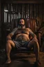 Placeholder: full figure shot photography of a 43-year-old turkish heavyset tattoo very hairy sweaty worker sitting spread-legged in an old armchair inside a construction site shed, dressed in shorts, shirtless, stubble, big manly legs, serious eyes, midnight, dim neon lights illuminating and shine on the beards of sweat that fill his large chest, photorealistic , ambient occlusion