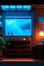 Placeholder: Generate a YouTube studio thumbnail background.it has tree vase, photo frames, cyberpunk lightning, floating shelf with accessories on it and some cool feature of things that can be added to the background.