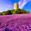 Placeholder: Blue cristal tower in a field of pink flowers with the sun shining blue sky fresh air