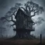 Placeholder: Hyper Realistic massive abandoned tree house between a cemetery at foggy night with crows sitting on tombstone