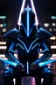 Placeholder: cyberpunk, neon blue, floating triangle of light behind the back, cyber armor, geometric patterns on an armor, male, orbiting triangle