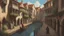 Placeholder: medieval buildings with balconies overhanging a canal, blue sky and people, photorealism, trees, foliage, piers, fantastical, intricate detail, concept art, people ultra sharp image, sharp focus, hyperrealism