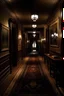 Placeholder: illustrate me dark hallways of an expensive manor at night. Hardwood and rugs as well as some tables lining the walls with hung pictures scattered on the walls.