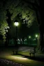 Placeholder: Park at night with lanterns, square bench, and dirt roads, trees, gothic horror films influence, creepy, photography