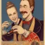 Placeholder: wine label. A woman lady in her 40 and her male colleague with short hair - drinking fresh wine with smiles. Grotesque, funny, cartoon.