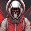 Placeholder: Rough Color Sketch, Goat Iron Skull Helmet, Beard, Silver Ram Horns, Iron Black, Hoodie Jacket, Cyberpunk, Astronaut Silver Suit, Hooded, long shot, Side Profile Angle, Heavyweight, Glowing Eyes, character, red Backgroung