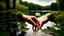 Placeholder: a young woman's hand planted a white rose stem in the ground, in the background a lake, some green trees, ultra detailed, sharp focus, perfect hands with five fingers, perfect photo