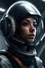 Placeholder: A DIGITAL ART portrait of a sci-fi pilot woman. Style from The Expanse. She is 30 years old. She has a pilot helmet. She is reckless. She has got dreams. Her eyes are beautiful and bright. Grey. seen from across a room