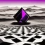 Placeholder: a large dark black ominous rhombus shaped structure with a neon purple outline floating high above a desolate monochrome landscape