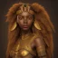 Placeholder: young african woman, short dark hair with golden highlights, ancient ((Egypt)),whole body, ancient armor, lion, golden jewelry, kente, flames as clouds, magnificent, majestic, highly intricate, incredibly detailed, ultra high resolution, complex 3d render,