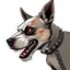 Placeholder: left facing head of angry Terrier dog with blood shot eyes and bloodied teeth, a ball chain collar around neck, a chain leash attached to collar, vector