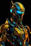 Placeholder: "A futuristic cybernetic humanoid figure with intricate metallic details, a knife embedded in its neck, glowing neon blue and gold accents, and glowing orange eyes. The design features symmetrical mechanical patterns, pipes, and gears that give it a highly detailed and vibrant sci-fi aesthetic. The humanoid figure appears powerful, with a sleek faceplate and chest armor that resemble advanced robotics. The background is a solid black to enhance the glowing elements."