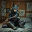 Placeholder: an anthropomorphic wolf woman hybrid full furry on her body sitting in the middle of a bed with a sewing needle and thread in her paw sewing a wide material belt, around her in the background are some paper with sketchy line kind drawings from monster on the walls of the wooden house, high realistic, detailed, cinematic, sci-fi, digital art, dark fantasy mood