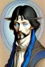 Placeholder: young black haired blue eyed wizard in the style of albrecht durer