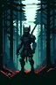 Placeholder: a dark hero charachter, wearing a dark mythic armour, sci fi weaponsied, with swords and guns, walking through cold and windy forest region, dramatic, retro pixel art style