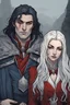 Placeholder: A couple, from the dnd game curse of Strahd. The woman has long white hair and blue eyes, the man has LONG BLACK hair and red eyes, no facial hair.