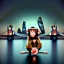 Placeholder: A monkey playing the drums, london skyline at night, in the style of Salvador Dali