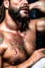 Placeholder: fullbody photography of two serious wet dirty muscular chubby sweaty 37 years old strong gypsy carpenters under open shower, kissing embraced , big bulge, manly chest, tattoo, dreadlocks, photorealistic, 32k, misery, poverty, angry eyes, low dim lights, profile view