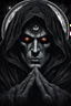 Placeholder: man with glowing eyes in dark hood, on his chest mystic witch medal, vampire man, black hair, dark shadows, dark fantasy, surreal, black, goth, gothic, mystic, mist, Moon, crepy stunning