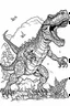 Placeholder: A coloring page, white background llustrate a victorious T-Rex standing triumphantly over a defeated rival, roaring triumphantly to assert its dominance and claim ownership of the territory ink drawing clipart, simple line illustrations, colored