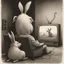 Placeholder: pig watching a tv about video game persona with a rabbit playing music beksinski style