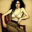 Placeholder: Breathtaking arab 30 years old woman with pale skin she is sitting on an old chair and has a tiny tanktop from the waist up, she has long black curly hair, petite figure, wide hips, prominent nose, thick lips, she has just been slapped around, by Egon Schiele, gustave dore, david mann, retro vintage style, hd photography, hyperrealism, graphite pencil drawing, realistic, natural, b&w illustration, fine art, beautiful watercolor painting, realistic, detailed, by olga shvartsur, svetlana novikova