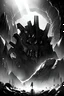 Placeholder: A beam shines in the middle of an immense and dark cave, greyscale