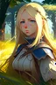 Placeholder: Anime, blonde girl in medieval clothing in large field in the middle of the forest, HD, extreme detail in the face