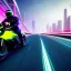 Placeholder: a guy in a futuristic motorbike leaving a futuristic city with neon lights at night, through a super highway, high speed, Looking from behind and from the sky to the highway seeing tall skyscrapers, outer space, vanishing point, super highway, high speed, digital render, digital painting, beeple, noah bradley, cyril roland, ross tran, trending on artstation