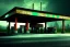 Placeholder: old gas station,rundown, roadside ,road texture, atmospheric ,night lighting,rainy, realistic, unity engine, cinematic lighting,green emession, octane render.