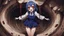 Placeholder: Anime girl with big eyes, darkblue and sepia tones, fullbody, slime, the perspective looking up from the bottom of an empty well, rolling eyes, tongue out, blood drip, open mouth,