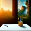 Placeholder: desk, parquet, sheet of paper, little pen, in front of a huge picture window with large view on a waterfall with warm light, sunset ,pixar style, panorama, nature, globe, HD, Hallelujah mountains