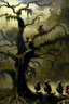 Placeholder: A group of crows standing on a scary tree without leaves . its skin is covered in moss and lichen, allowing it to blend seamlessly into its surroundings. Forest Spirits feed on the energy of trees and can create thick fog to confuse their victims.