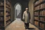 Placeholder: Euan Uglow-Norman Cornish oil painting, Otherworldly, Sean Connery medieval monk looks around in the dark lobby bookshelves stairs library night stone lobby, at the camera at half height, pastel color puffy and wool textures fashion, Cinematic lighting, Volumetric lighting, Epic composition, Photorealism, Very high detail, Bokeh blur, Hasselbland, ISO1900, Simon Stalenhag Art