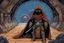 Placeholder: [illustration by Kevin Eastman and Peter Laird] at the entrance of a gigantic spaceship one Jawa warrior supercharged with weapon warfare, she is covered by a vivid microchip armour in linen boarding for a long galactic adventure (Retrofuturism is a whimsical collision of past and future—a design philosophy that resurrects the utopian tech fantasies of bygone eras (think 1920s–1970s) and splashes them across sci-fi landscapes. )