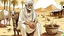 Placeholder: Old man, Arab, turban, white clothes, cattle, desert, council, sun, palm trees, mud houses, holding a stick, looking forward, a very slight smile.cartoon,Sitting on a chair,long beard,Mouth slightly open