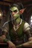 Placeholder: strong tomboy young half orc who works at a tavern with pointy ears and green skin realistic