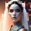 Placeholder: Rosalía, Cyborg anime samurai, cyberpunk, white skin, light black hair, geisha hairstyle, cobalt eyes, blood stains, waist up portrait, 8k resolution, retroanime, intricate details, neon details, soft lighting, vibrant colors, masterpiece, intricate eyeliner, dark eyeshadow, eyes, intricate tattoos, gradient background