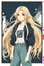 Placeholder: attractive anime woman with blonde long hair, t-shirt and sweatpants, full body in frame,