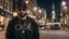 Placeholder: a single man, an Arab from the Middle East, he has a beard, who wears a gold chain, with a t-shirt marked ODK, wears a black baseball jacket with the mark ODK, which bears black sunglasses, with a black baseball cap with the initials branded ODK. at night, in the city center, at night.