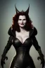 Placeholder: Geena Davis as evil queen in black leather, leather, busty, cleavage, angry, rage, stern look. character design by cory loftis, fenghua zhong, ryohei hase, ismail inceoglu and ruan jia. unreal engine 5, artistic lighting, highly detailed, photorealistic, fantasy