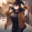 Placeholder: Clear focus, High resolution, short brown spiky hair, hair between eyes, eyes closed, wearing a brown detective hat, wearing a brown jacket and a black shirt, wearing black shorts, 1girl, pulling hat down, smiling, wearing a oversized hoodie