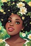 Placeholder: Create a expressionism cartoon art style image of a plus size black female looking down biting her lip with a smile on her face. Prominent makeup with hazel eyes. Highly detailed messy curly bun with a hair scarf tied on her head with large green jasmine flowers surrounding her. 2k