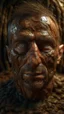 Placeholder: Busch painting style nightmare, a zoomed top view of a man his head is a broken rusted metallic skin texture in a 3d rendering full-height image of a grim and dark scene. Ensure the final images exhibit the utmost quality, encompassing 4K, 8K, and 64K resolutions, with 3D rendering that manifests in photorealistic, hyperrealistic, and highly detailed representations. Employ techniques such as HDR, UHD,