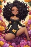 Placeholder: A sassy thick-lined comic book art cartoon black chibi girl lounging lazily on her side, surrounded by flower petals. She has a golden lion tail curling playfully behind her curvy body. Looking up coyly, she grins widely, showing sharp lion teeth. Her poofy hair forms a mane framing her confident, regal expression.