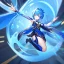 Placeholder: Clear focus,High resolution, Vibrant short blue hair, Vibrant blue eyes, Genshin impact inspired outfit, wearing a short skirt, kicking pose, full body, jumping