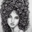 Placeholder: Detailed Charcoal drawing of beautiful woman with curly hair that morphs into flowers