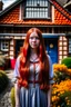 Placeholder: Full body and headshot of a slim young woman with long straight red hair, standing in front of a row of cottages and shops with thatched roofs