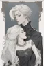 Placeholder: Strahd Von Zarovich being kissed on the neck by a beautiful woman with white hair, wearing an off the shoulder dress. Settling and background are a lavish toomb with an ebony coffin.